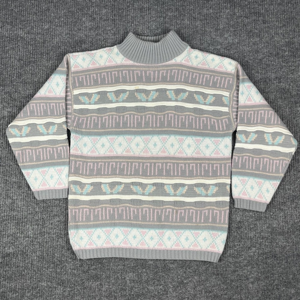 Vtg 80s Croquet Club Sweater Womens M Geometric Pastel Mock Neck Made in USA